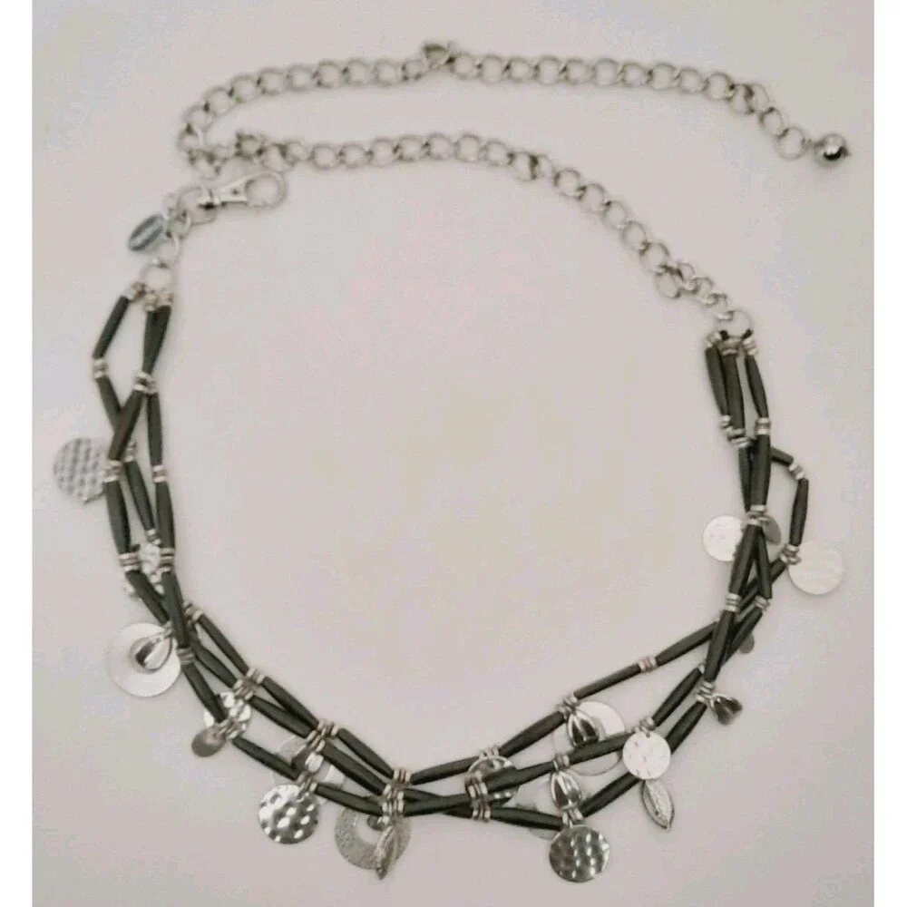 Vtg Chicos Boho Multi Strand Belt or Necklace Black Wood Silver Hammered Disc